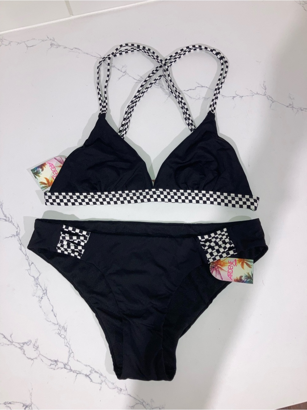 Ardene Black Bikini w/ Checkerboard Print Straps - size XS (bottom) + S (top)